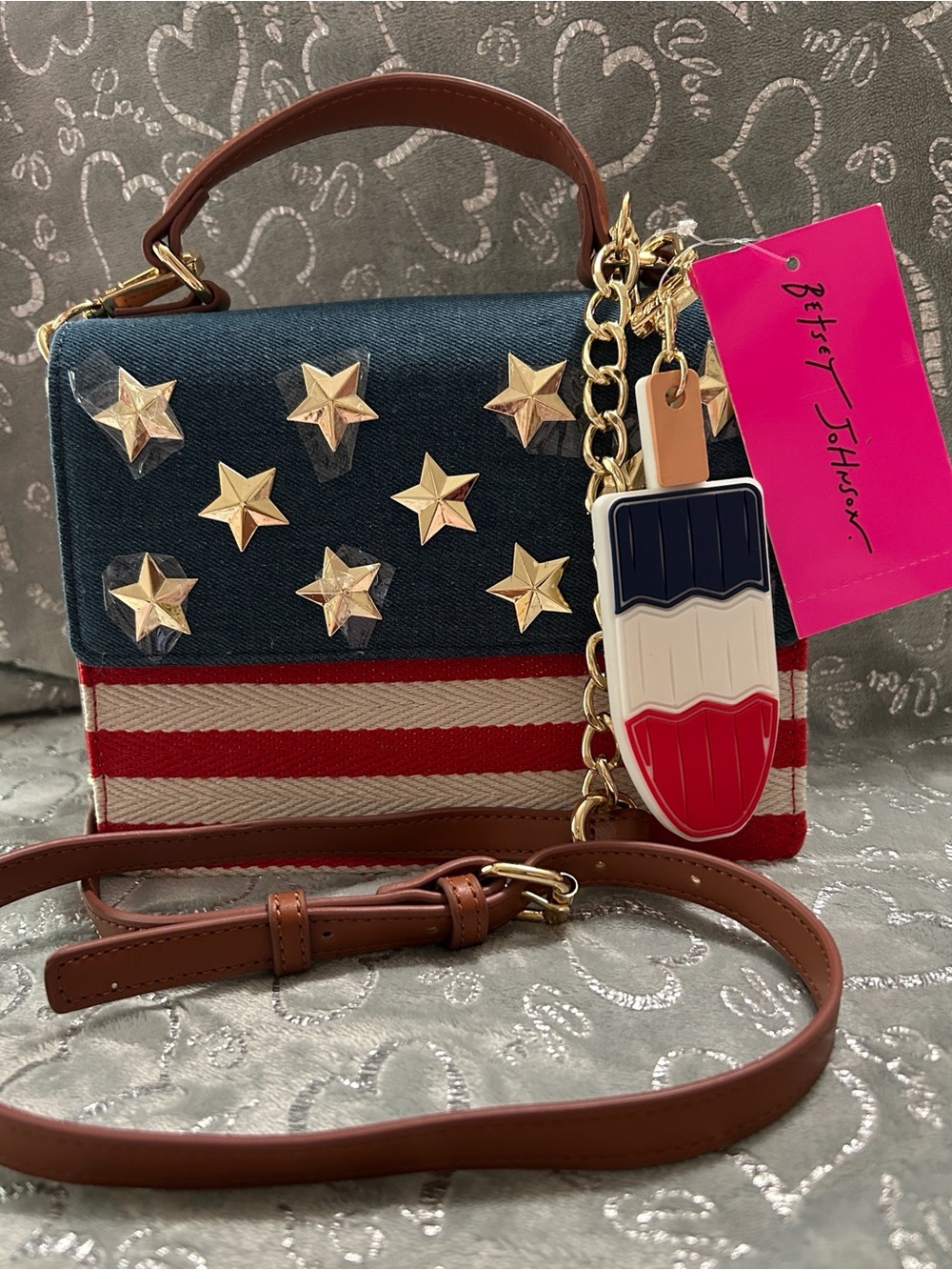 NWT Betsey Johnson, Mini, Red, White & Blue Star Studded Crossbody with Charm - Picture 12 of 12
